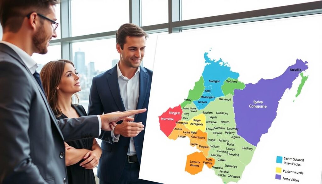 Map of Sydney showing different property market zones with a buyers agent explaining to clients