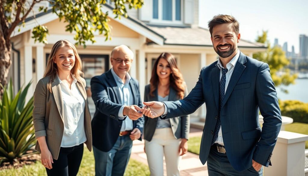 Sydney buyers agent handing keys to happy clients in front of their new property
