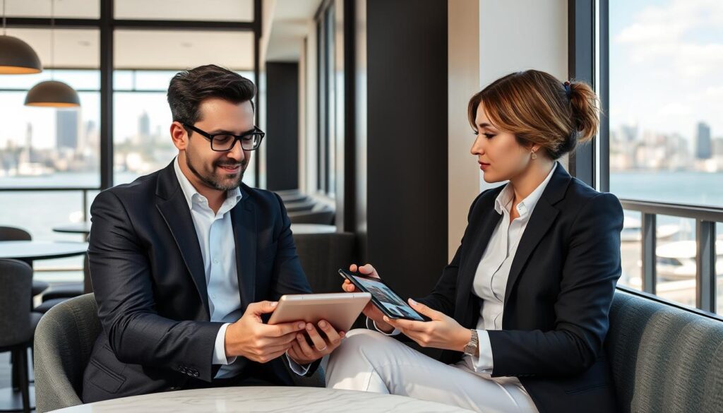 Sydney buyers agent showing exclusive off-market property listing to clients on tablet