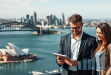 Sydney skyline with harbour bridge and property market overlay showing a buyers agent in Sydney helping clients